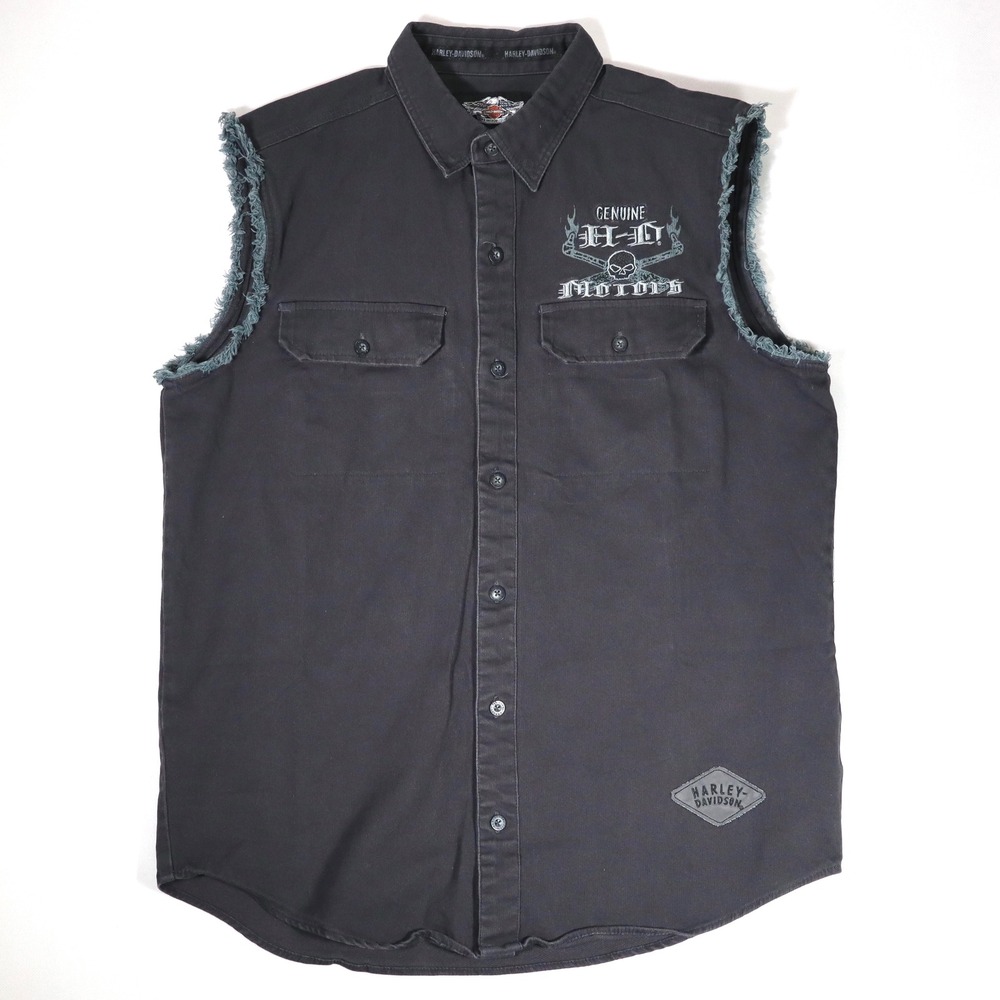 Harley Davidson Sleeveless Shirt Mens L Black Biker Frayed Embroidered Vest